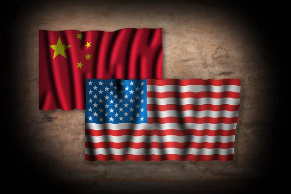 Conceito Conflito Eua China Simbolizado Com Bandeiras Grunge — Fotografia de Stock