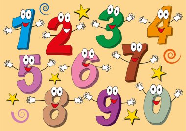 Çizgi film numaraları 0'dan 9 simgeler büyük gözleri ve elleri ile insan figürleri olarak yaptı. Çocuklar için izole set resimler el çekilmiş