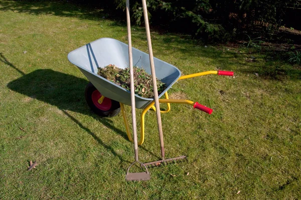 Carrinho Mão Grama Jardim Com Ancinho Enxada — Fotografia de Stock