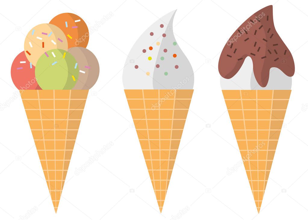 Three different colorful tasty waffle ice-cream cones and soft ice with mint, strawberry, lemon and chocolate with toppings, illustration isolated on white