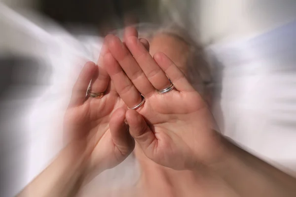 Close Portrait Woman Covering Her Face Hands Blurred Background Sex — Stock Photo, Image