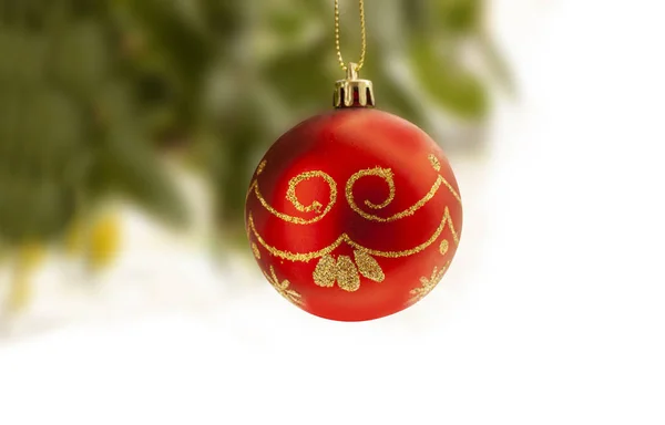 Red Christmas Ball Gold Decoration Hanging Christmas Tree Blurry Background — Stock Photo, Image