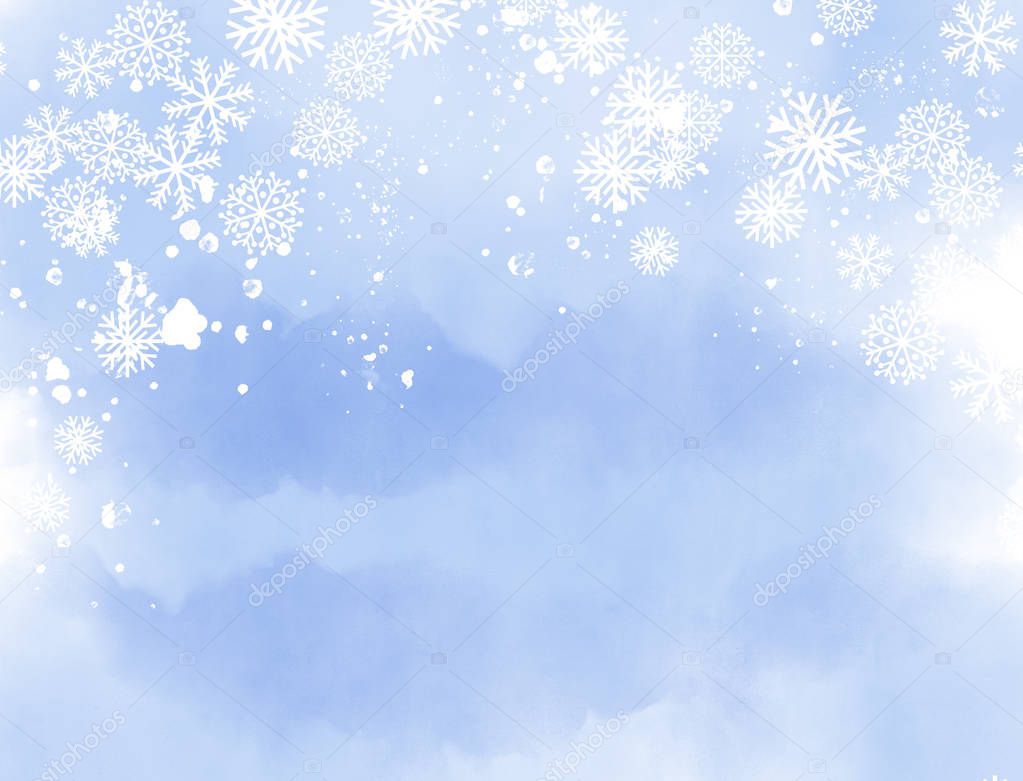 Watercolor painted abstract winter landscape in blue colors with snow flakes and snow crystals. With copy space. Computer generated. 