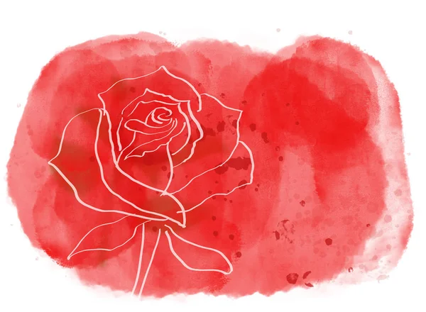 Rose drawing on red watercolor painted background splash for love, celebrations or Valentines Day. Hand drawn and computer generated image.
