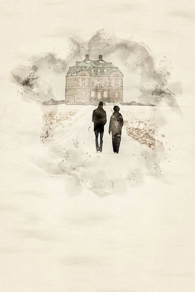 Watercolor painting of silhouettes depicting two people a man and a woman walking up the avenue to a small palace in a public park during winter time. Illustration with copy space.