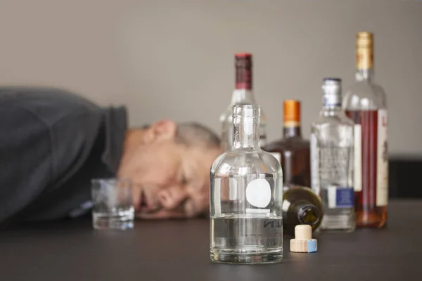 Drunken Man Sleeping His Head Lying Table Open Mouth Alcohol — Stock Photo, Image