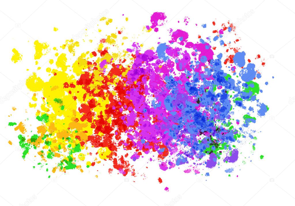 Colorful explosion of  yellow, red, pink and blue stain colors on white background. Digital abstract illustration artwork with copy space. 