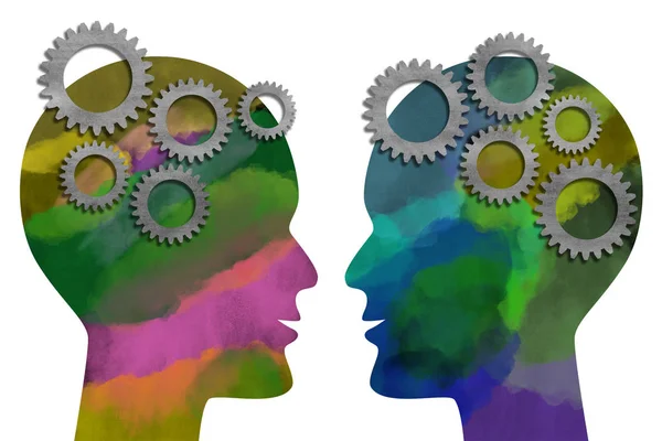 Two Watercolor Painted Heads Facing Each Other Metal Gears Isolated — Stock Photo, Image