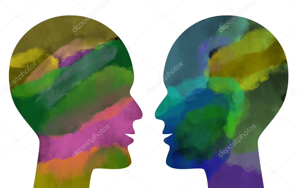 Two watercolored human heads facing each other isolated on white.