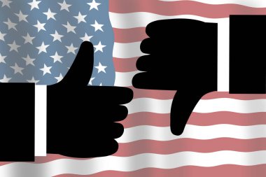 Eller, Amerikan bayrağı gibi kolları olan baş parmaklarını kaldırıyor. ABD başkanlık seçimi konsepti. Görüntü.