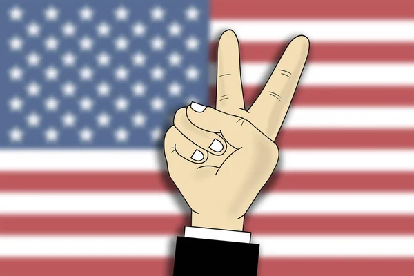 Cartoon Hand Gebaar Teken Voor Overwinning Met Wazig Amerikaanse Vlag — Stockfoto