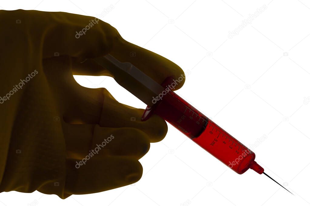 Syringe with red liquid held in a gloved hand. Close up backlit silhouette image isolated on white background. Selective focus.