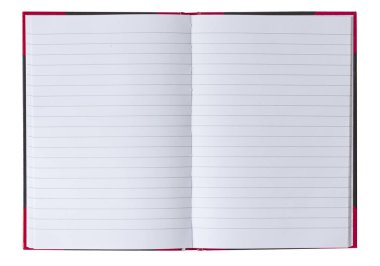 Yazmak için satırları olan boş bir defter aç. Resmi beyaz arkaplanda izole edilmiş kitapla kapat.