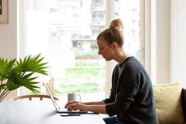 Genç sarışın kız evde bir masada oturuyor kahve fincanı ve cep telefonuyla dizüstü bilgisayarı üzerinde çalışıyor. Pencereden bahçeye bak. Ev konseptinde çalışmak ya da çalışmak.
