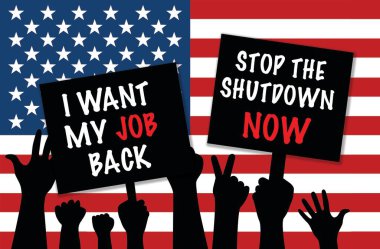 Protestocuların siluetleri büyük bir Amerikan bayrağı önünde COVID-19 pandemisi yüzünden evde kalma emirlerine karşı gösteri yapıyor ve panolarda 