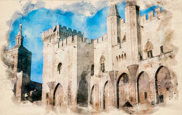 Watercolor Painting Entrance Palace Popes Avignon France — Stock Photo, Image