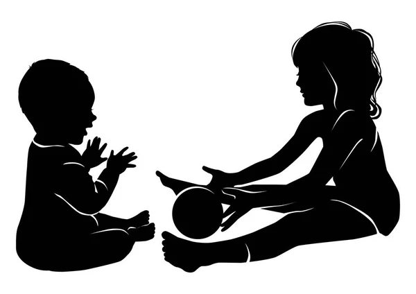 シルエット ガールと赤ちゃんバルを遊ぶ — ストックベクタ