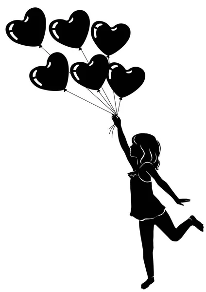 Silhouette belle petite fille avec des ballons de coeur — Image vectorielle