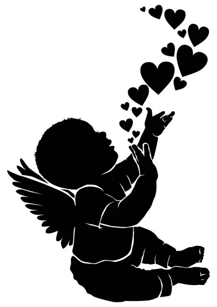 Silhouet baby engel met hart — Stockvector