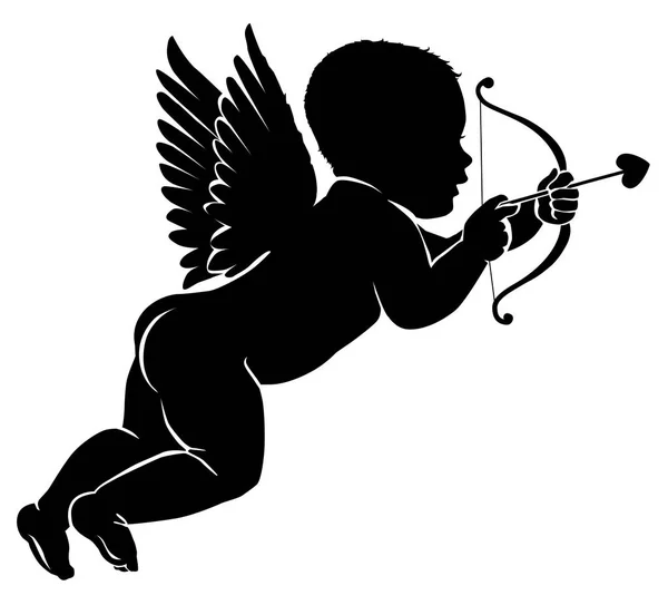 Silhouet van kleine Cupido met pijl en boog — Stockvector