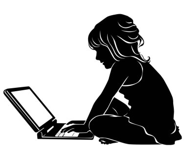 Küçük kız dizüstü bilgisayarda çalışma siluet