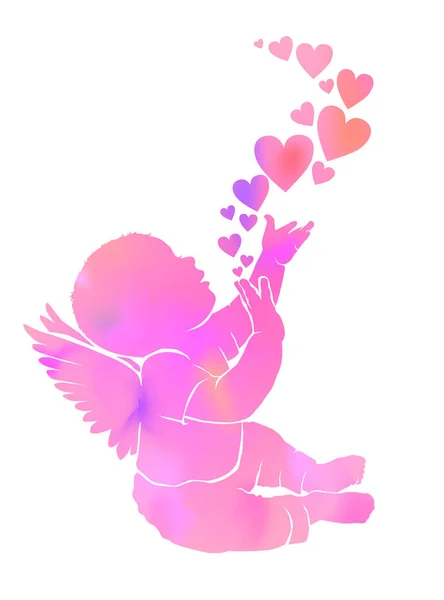 Silhouette douce aquarelle bébé avec des ailes et des cœurs — Image vectorielle