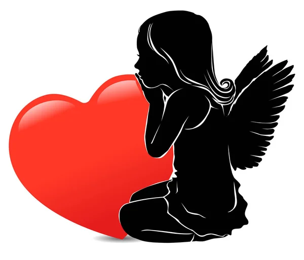 Chica triste ángel y gran corazón rojo — Vector de stock