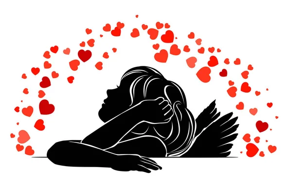 Ángel de niña con corazones rojos — Vector de stock