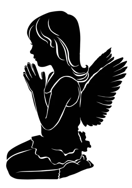 Sziluettjét aranyos kislány angyal imádkozik — Stock Vector