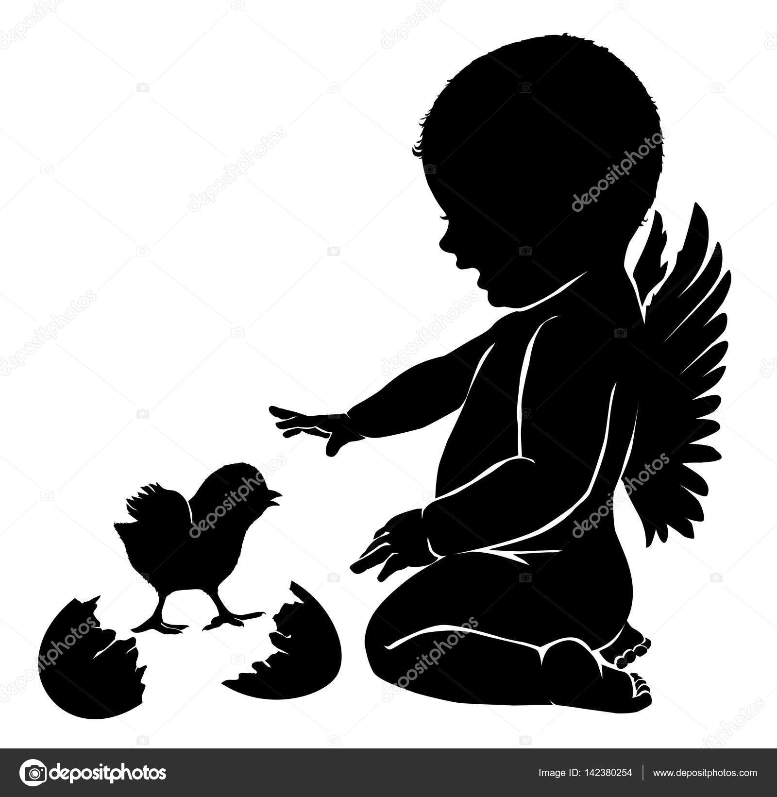 Silhouettes angel baby and Easter chick — Stock Vector ...
