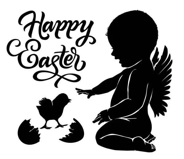 Silhouetten engel en baby chick Happy Easter — Stockvector