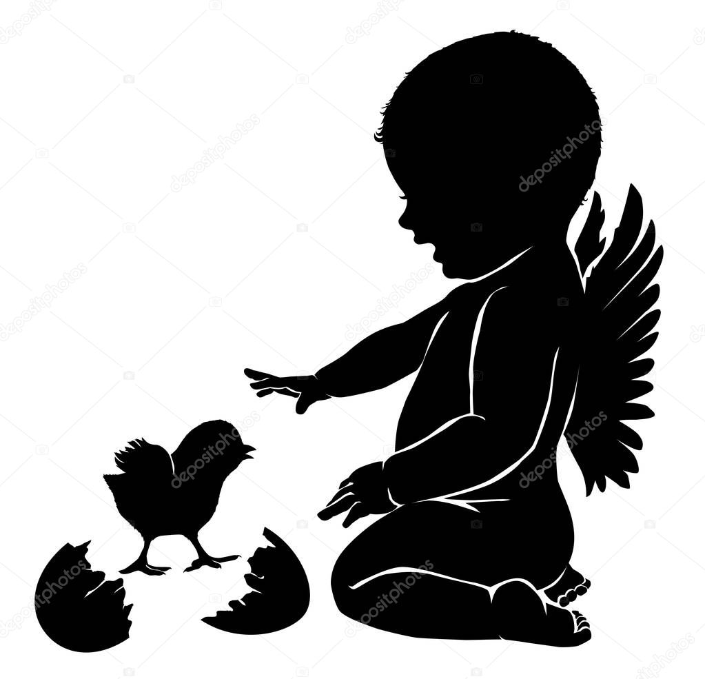 Silhouettes angel baby and Easter chick Stock Vector