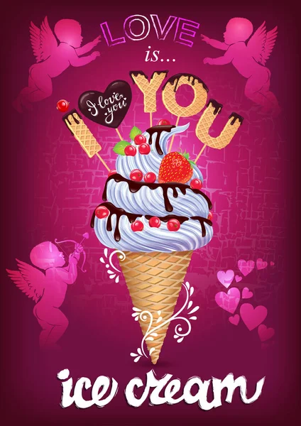 J'adore cette affiche de crème glacée avec Cupidon — Image vectorielle