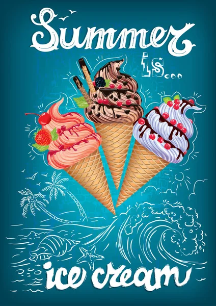 गर्मियों में समुद्र के साथ आइसक्रीम पोस्टर है — स्टॉक वेक्टर