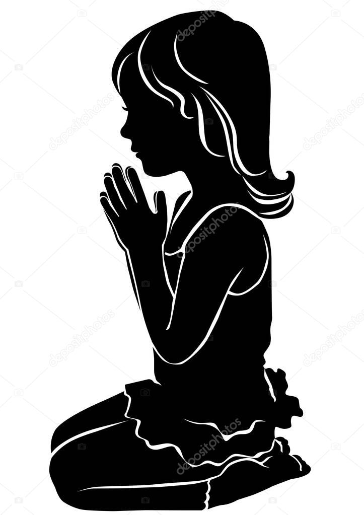 Silhouette cute little girl praying