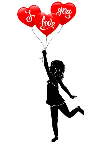 Flicka och tre röda ballongen jag älskar dig — Stock vektor