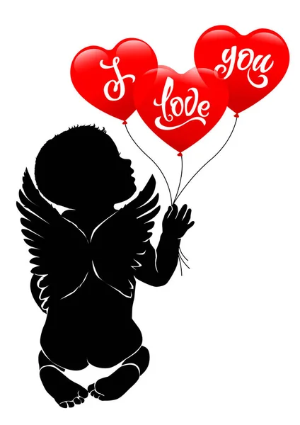 Ангел-ребенок и три красных воздушных шара Я люблю тебя — стоковый вектор
