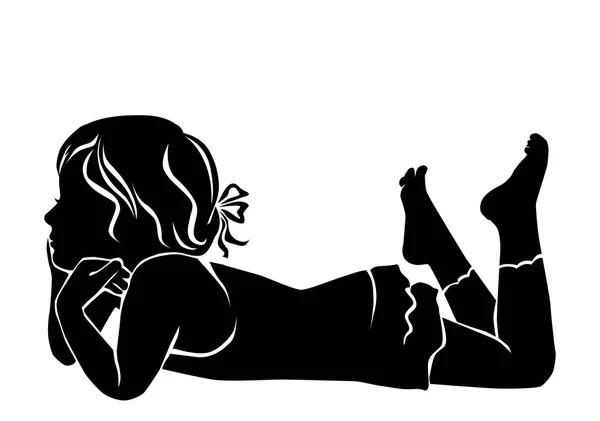 Silhouette petite fille couchée regardant — Image vectorielle