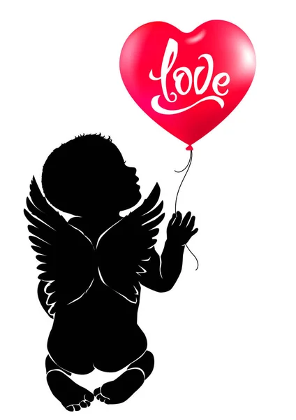 Silhuett baby ängel med rött hjärta ballong kärlek. — Stock vektor