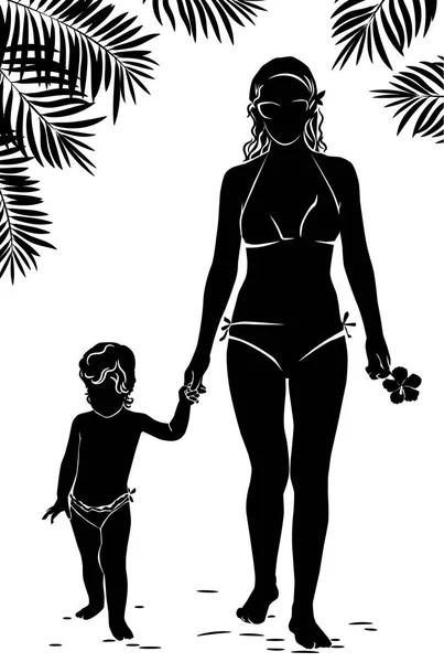 シルエット ママと赤ちゃんは、ビーチに沿って歩く — ストックベクタ
