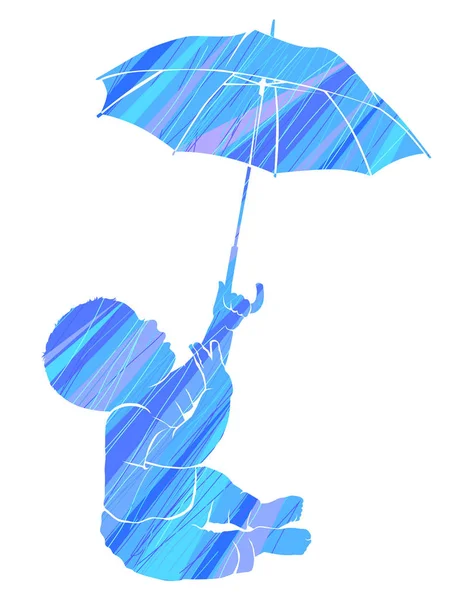 Silhouette baby umbrella and blue rain — Stock Vector