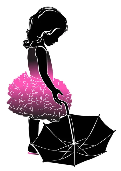 Siluett liten flicka i rosa med paraply — Stock vektor