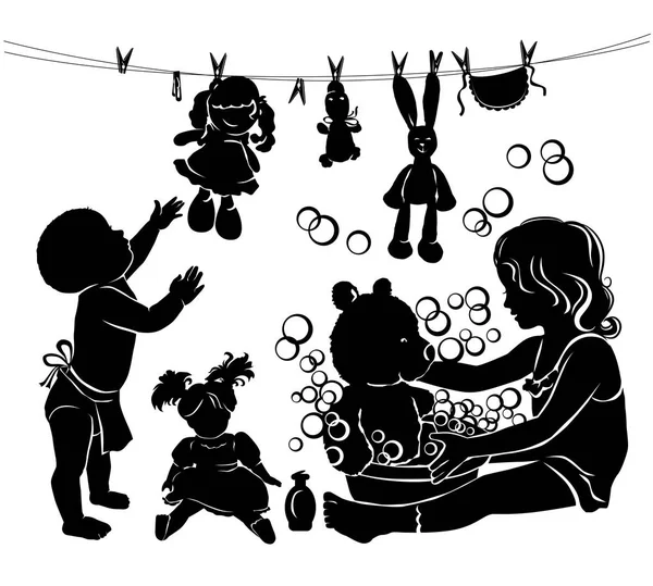 Silhouette children bathe toys — Stock Vector