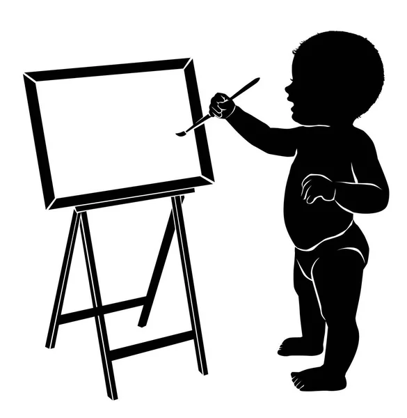 Silhouette baby disegno su cavalletto con pennello — Vettoriale Stock