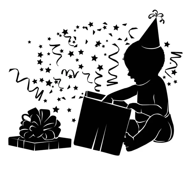 Silhouette Baby mit Geschenkbox Geburtstag 1 Jahr — Stockvektor
