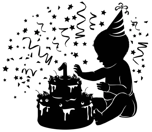 Silhouet baby met cake van de kindverjaardag met kaars figuur — Stockvector