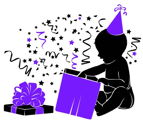 Silhouette baby with gift Birthday 1 year — Stock Vector