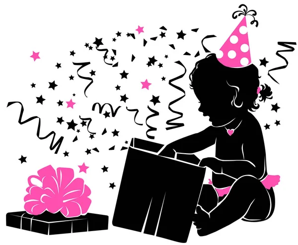 Silhouette baby girl with gift Birthday 1 year — Stock Vector