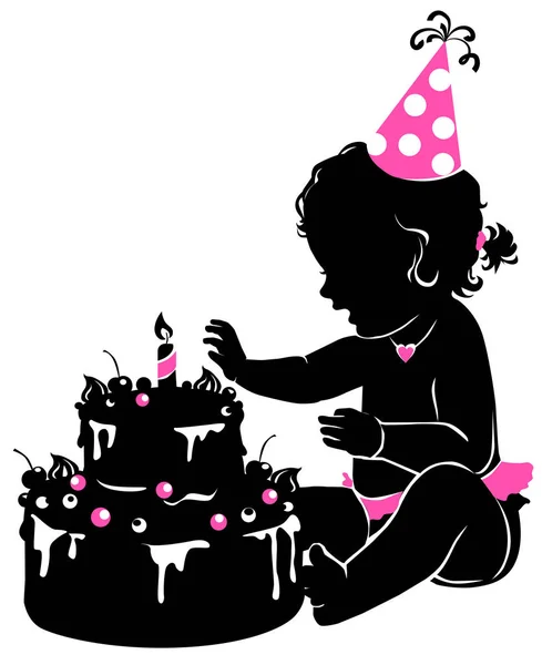 剪影可爱的小宝贝女孩与蜡烛的生日蛋糕 — 图库矢量图片