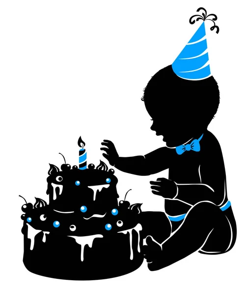 剪影宝贝男孩与蜡烛的生日蛋糕 — 图库矢量图片